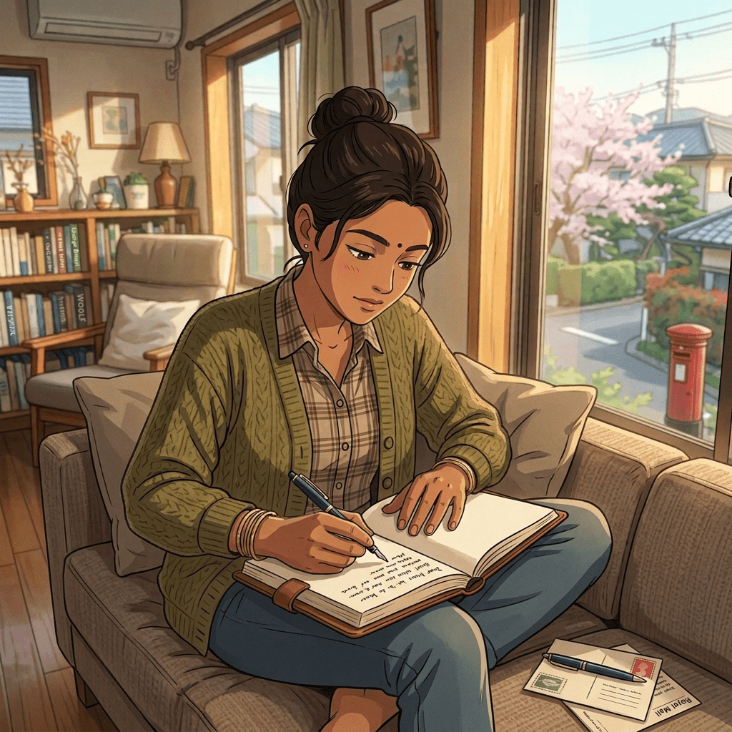 British Asian woman sitting on sofa writing in notebook